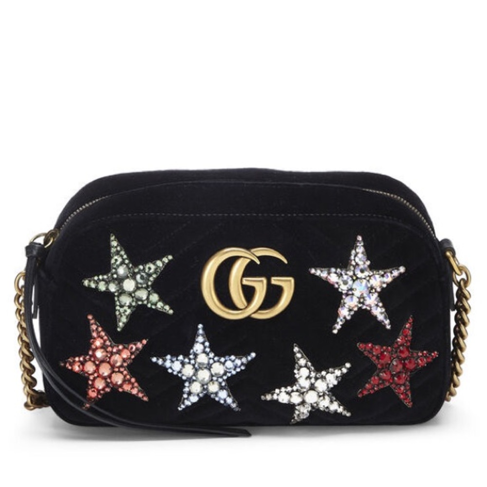 GUCCI BLACK EMBELLISHED VELVET GG MARMONT CROSSBODY SMALL